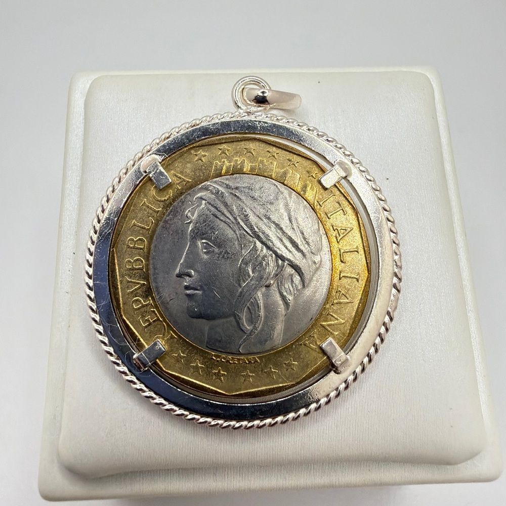 Vintage Milor Italian 1000 Lire coin in a sterling silver bezel pendant!